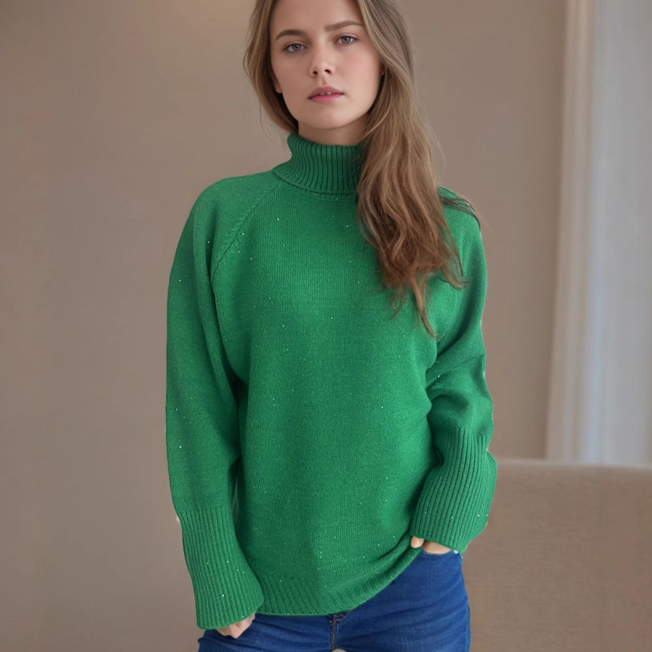 Damen Rollkragenpullover Strukturiertes Strickdesign Glitzernde