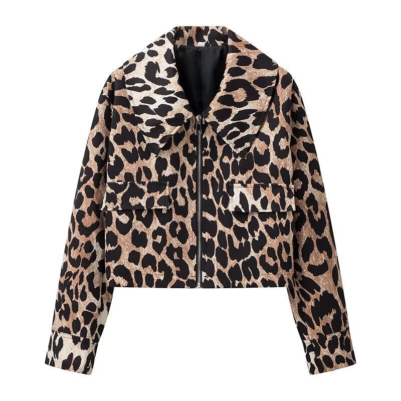 Damen Leopardenjacke Kurz Urbaner Stil Praktische Taschen Norvielle
