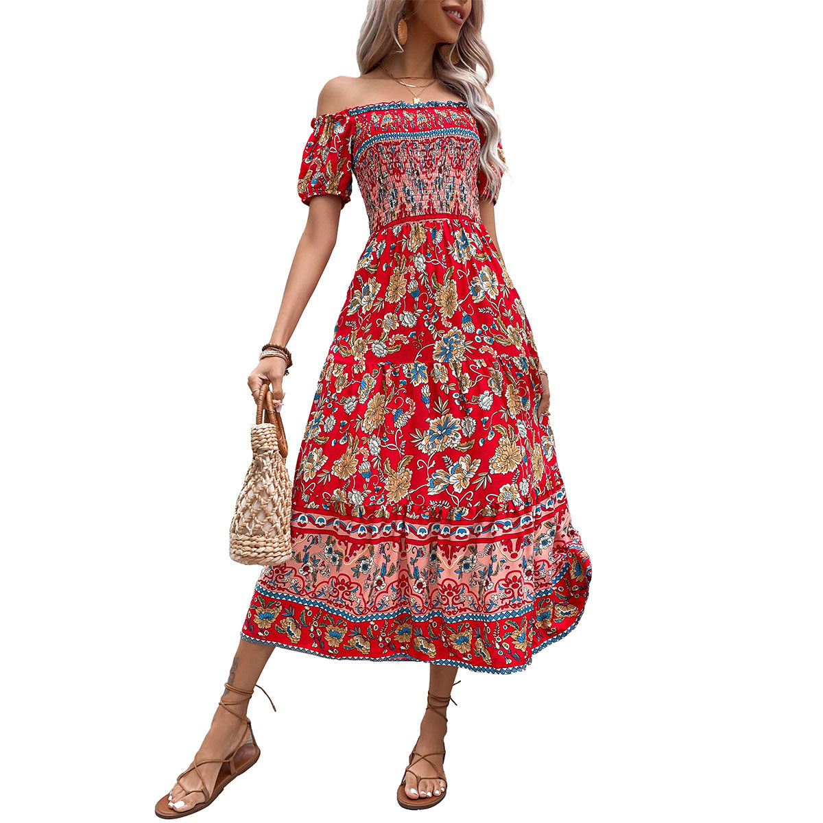 Damen Maxikleid Off-Shoulder mit floralen Mustern und elastischem
