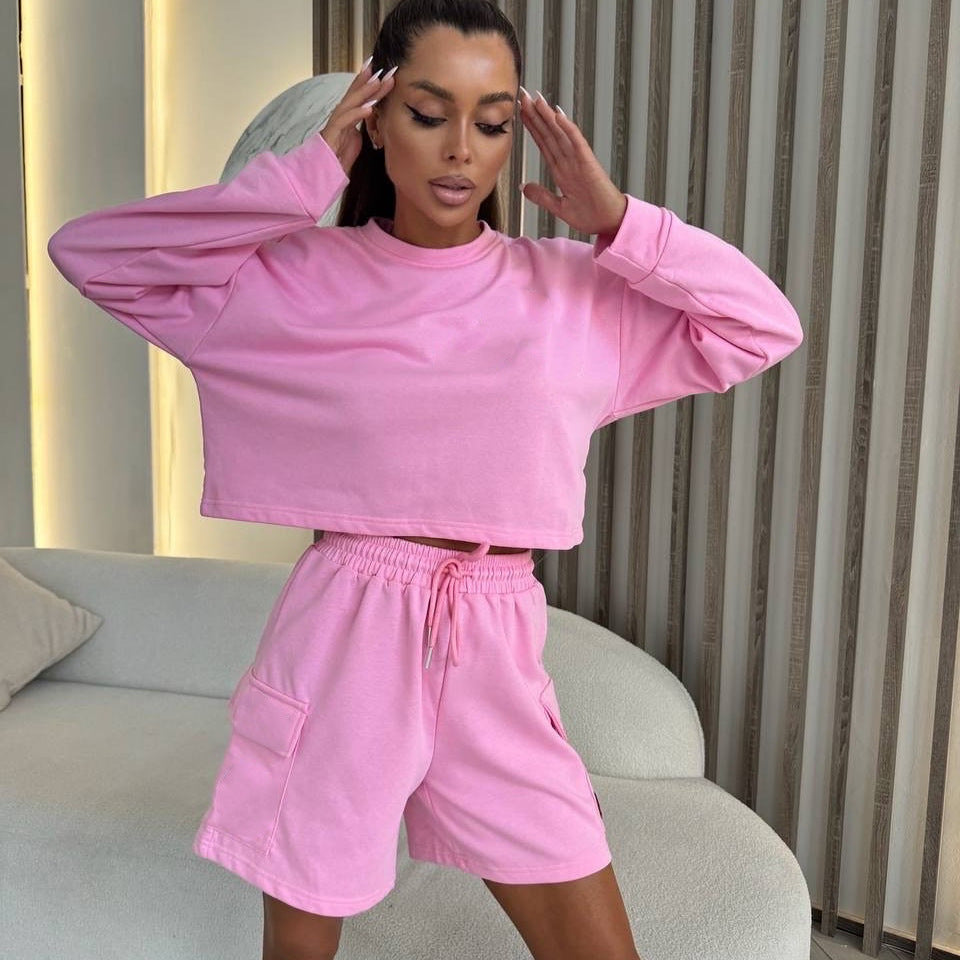 Damen Freizeitanzug Oversized Sweatshirt Kurze Hose Grau - Norvielle