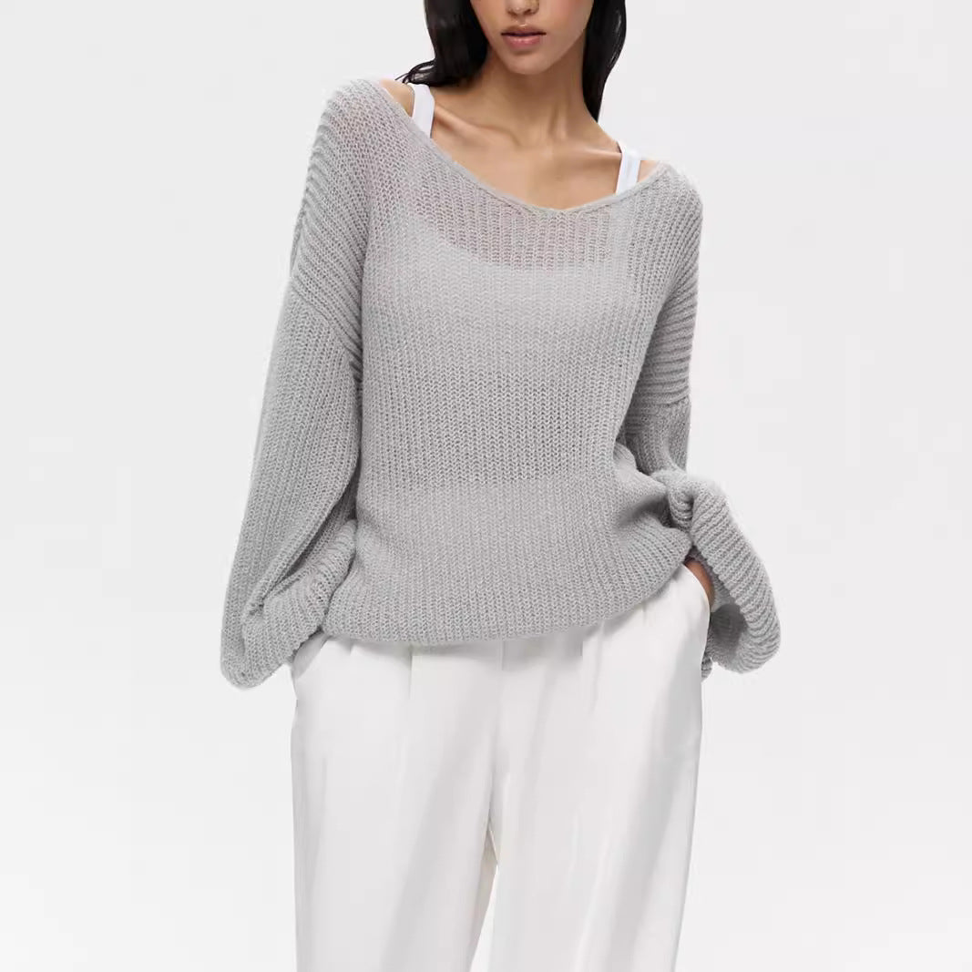 Damen Strickpullover V-Ausschnitt Voluminöse Ärmel Norvielle
