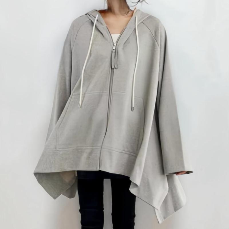Damen Kapuzenponcho Asymmetrisch Baumwolle Taschen Beige