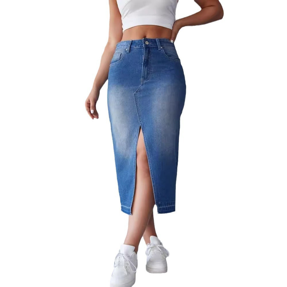 Damen Maxi Denimrock Seiten-Schlitz moderne Fransen