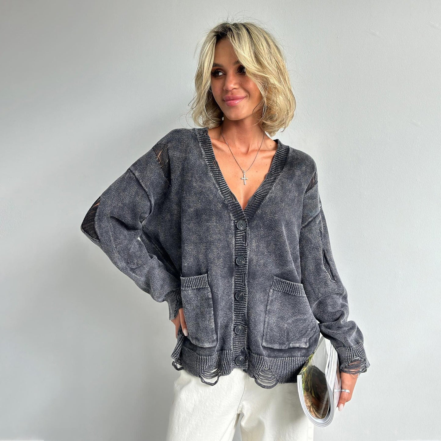 Damen Strickjacke Oversized mit Knöpfen Norvielle - Norvielle