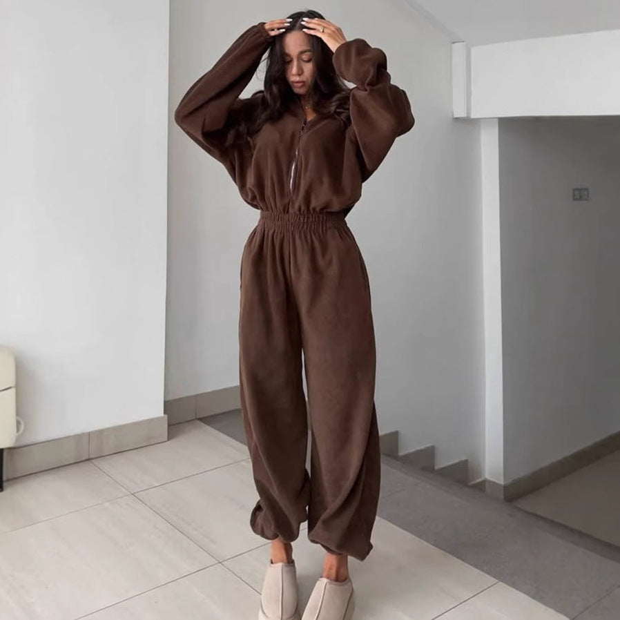Damen Fleece-Jogginganzug Elastischer Bund Halb-Reißverschluss - Norvielle