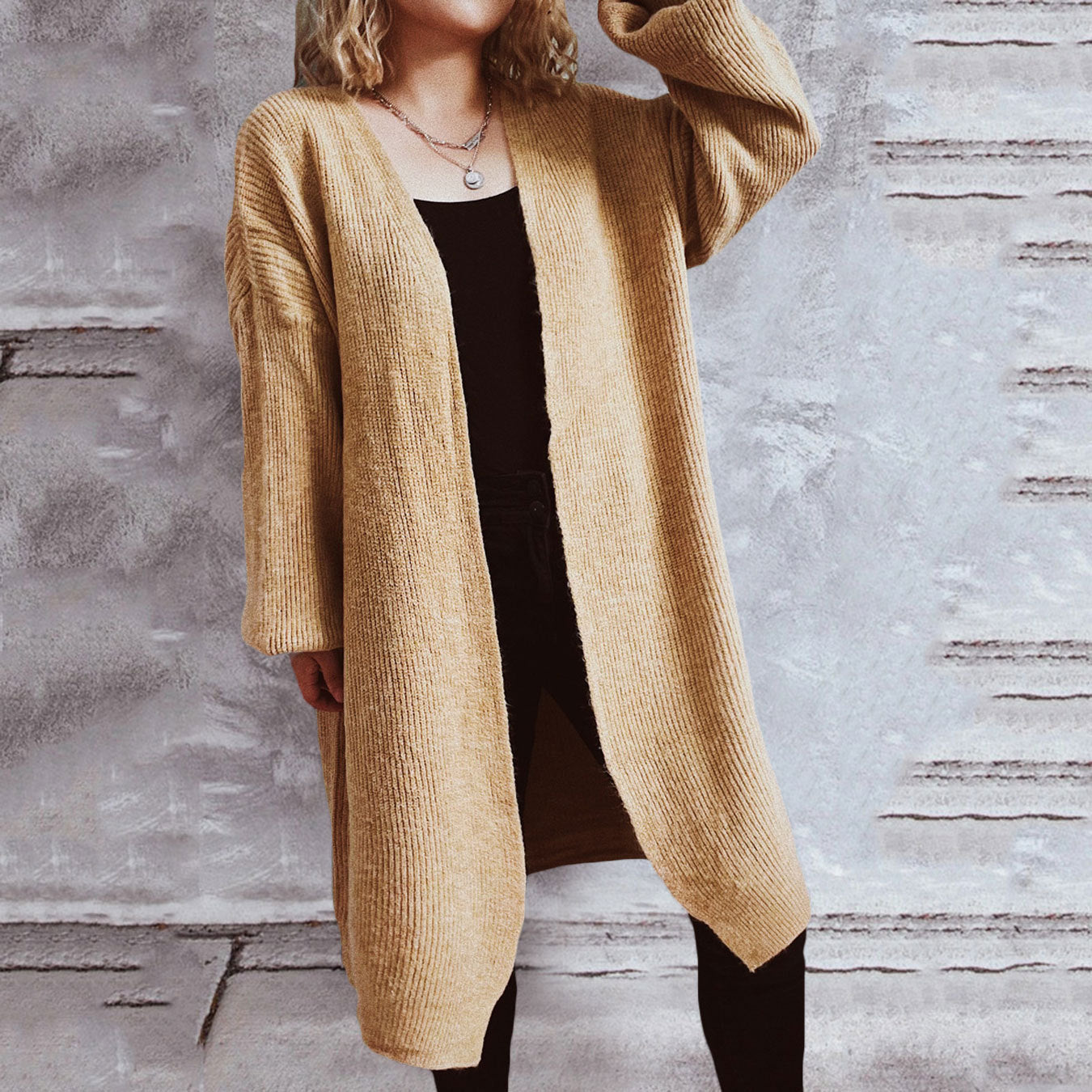 Damen Strickjacke Oversized V-Ausschnitt Weite Passform Beige