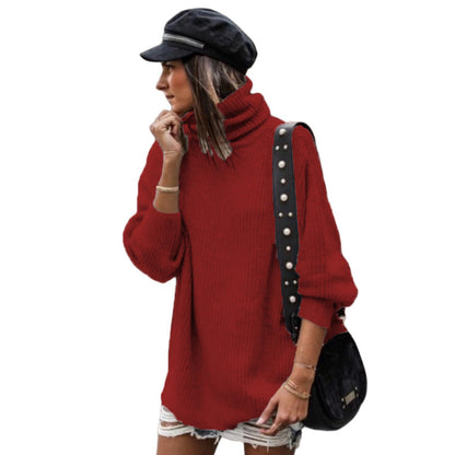 Damen Grobstrickpullover Hochkragen Elegante Knöpfe Norvielle
