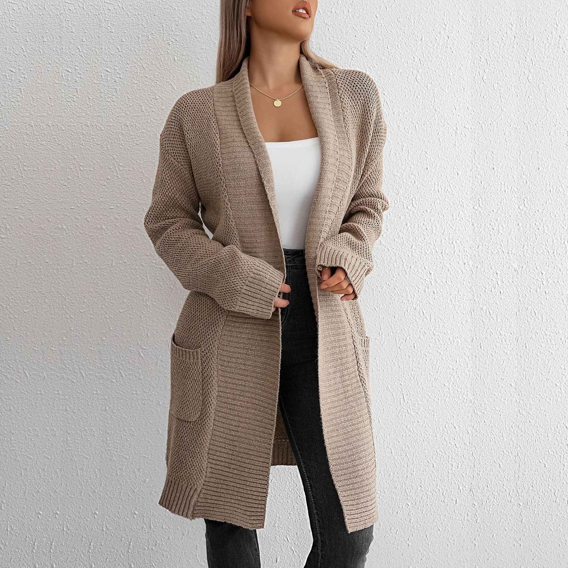 Damen Strickcardigan Offener Schnitt Texturmix Beige - Norvielle