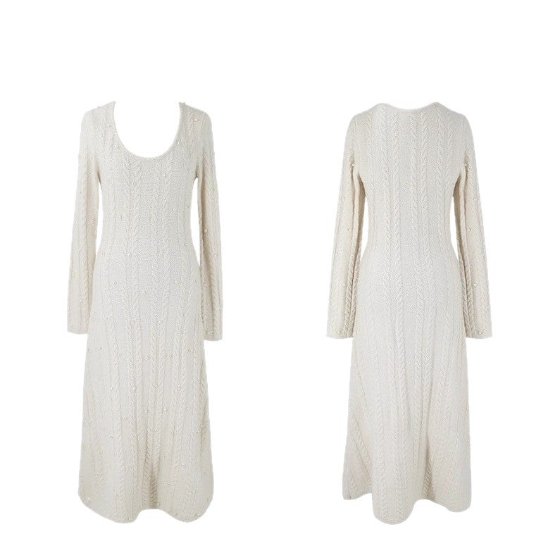 Damen Strickkleid Zopfmuster Perlenverzierung Norvielle