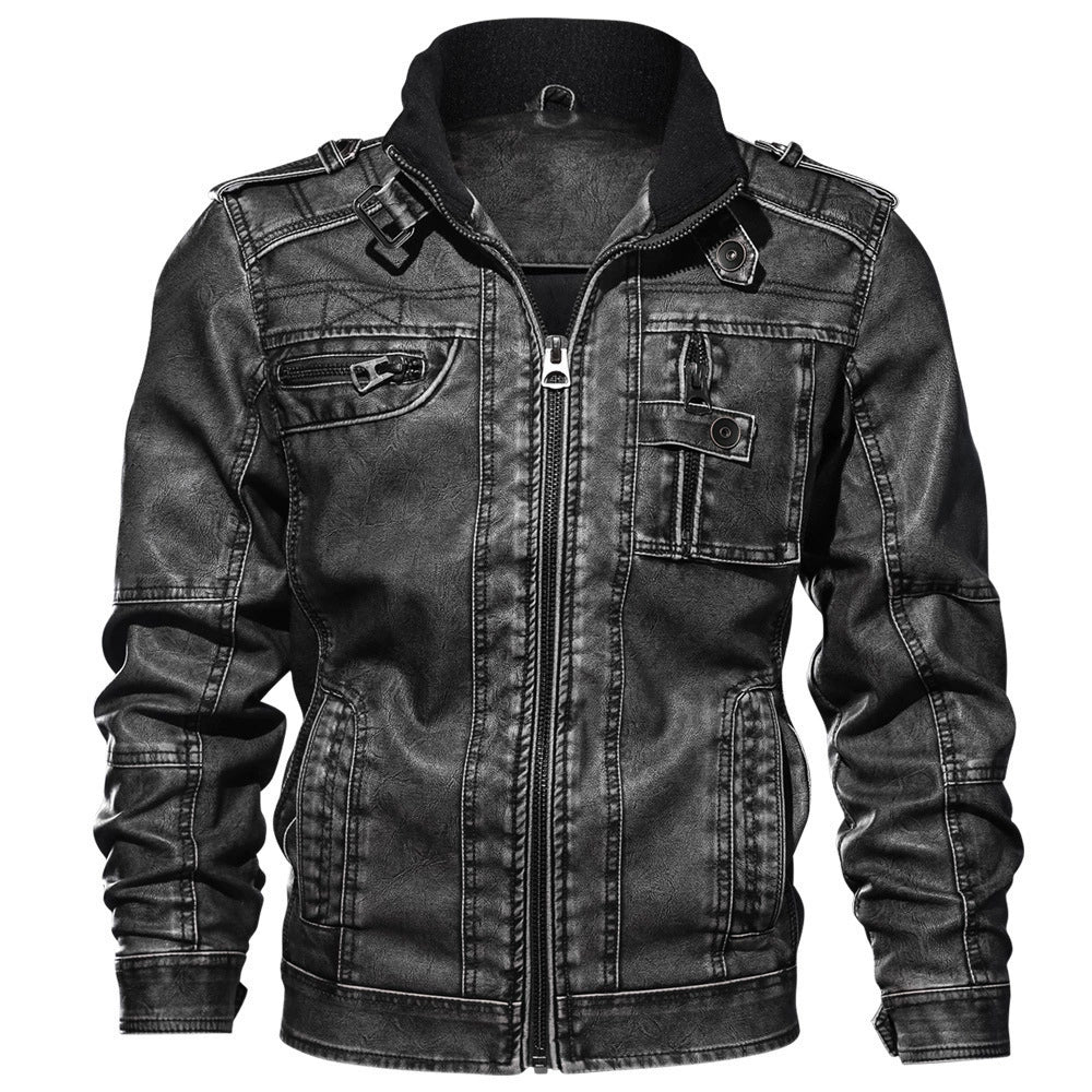 Herren Lederjacke Slim Fit Stehkragen Reißverschluss Multi-Taschen - Norvielle