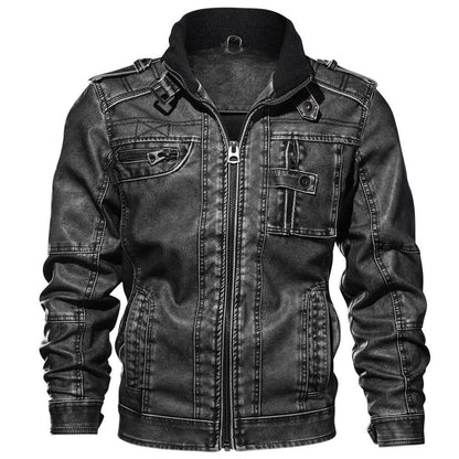 Herren Lederjacke Slim Fit Stehkragen Reißverschluss Multi-Taschen - Norvielle