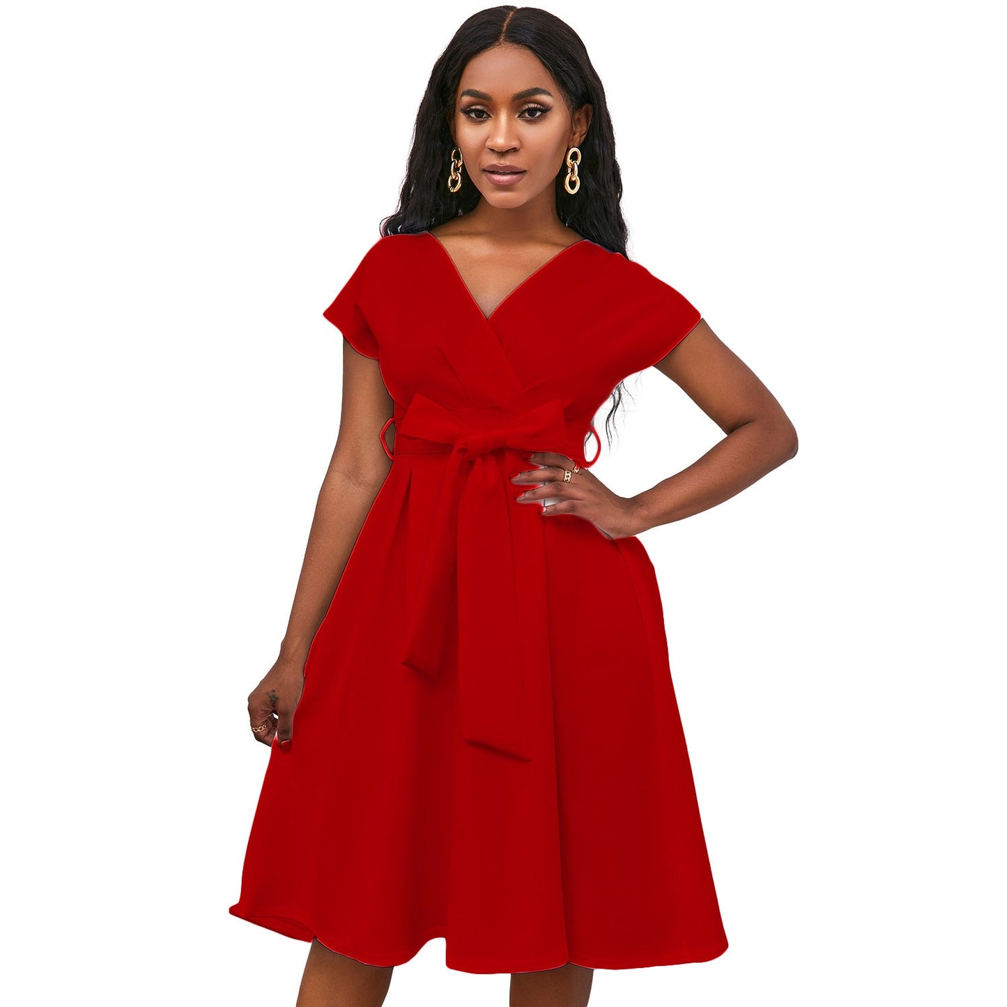 Damen Wickelkleid V-Ausschnitt Gürtel Norvielle