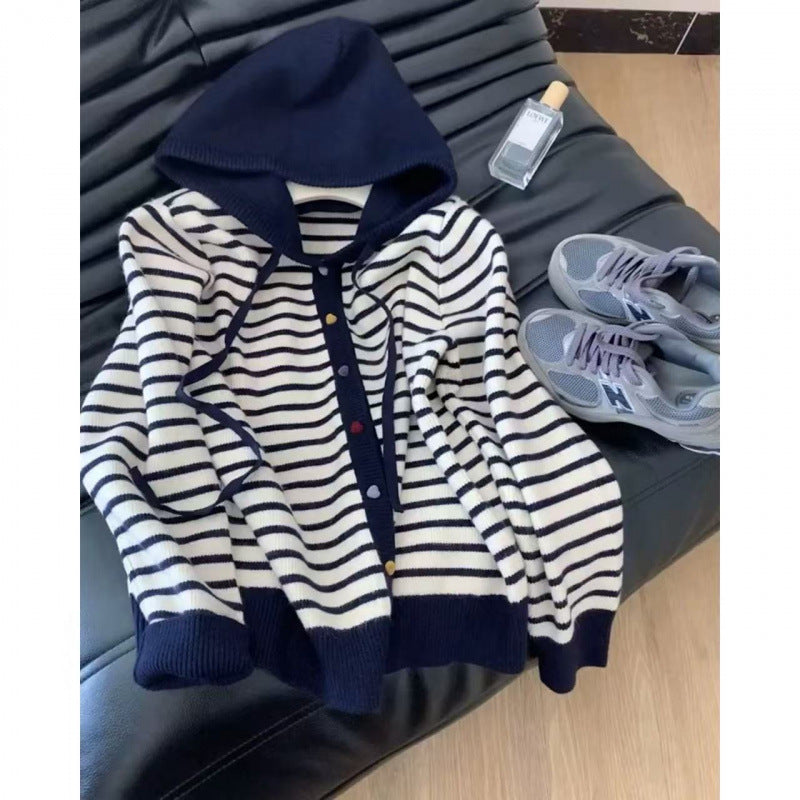 Damen Strickjacke Kapuze Gestreift Norvielle