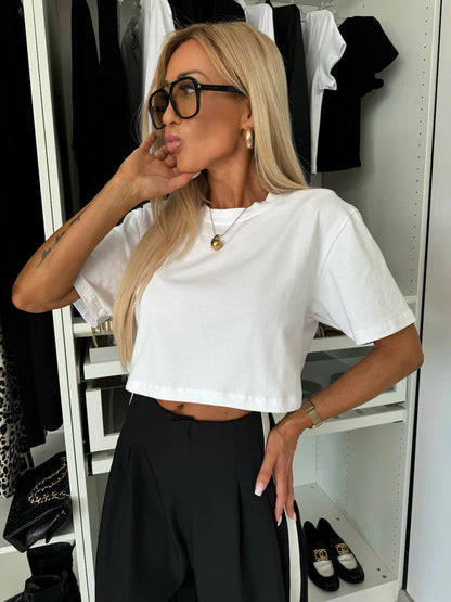 Damen Leopardenmuster T-Shirt Cropped Baumwolle -Weiß