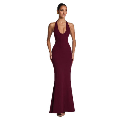 Damen Elegantes Bodenkleid V-Ausschnitt Figurbetonter Stoff