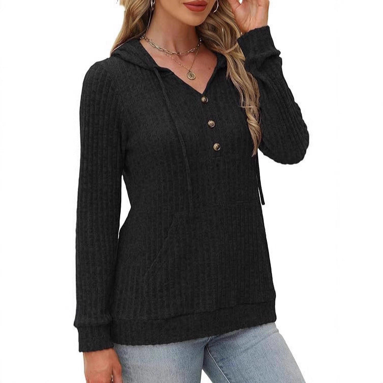Damen Kapuzenpullover Kuschelfleece Knöpfe Seitentaschen Norvielle