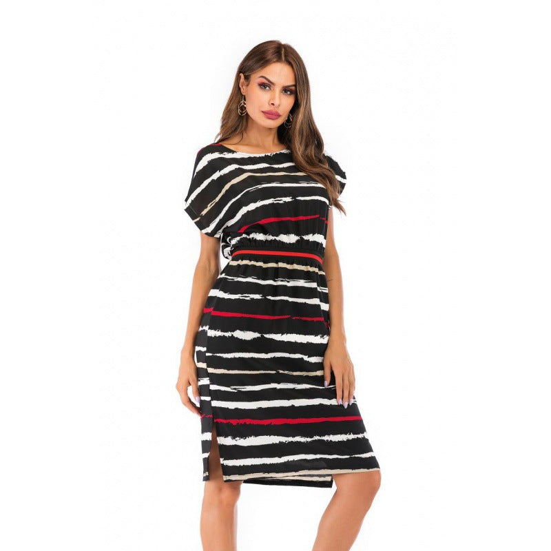 Damen Midi-Kleid Elastischer Bund Streifenmuster