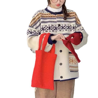 Damen Strickjacke Kapuze Dekoratives Muster Norvielle