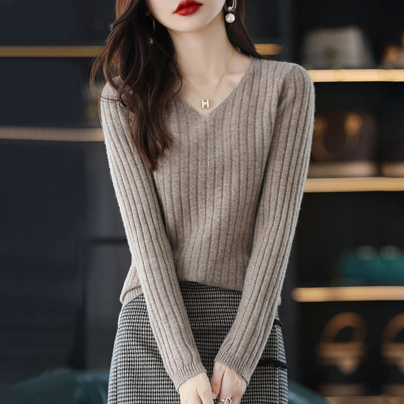 Damen Strickpullover V-Ausschnitt Feinripp