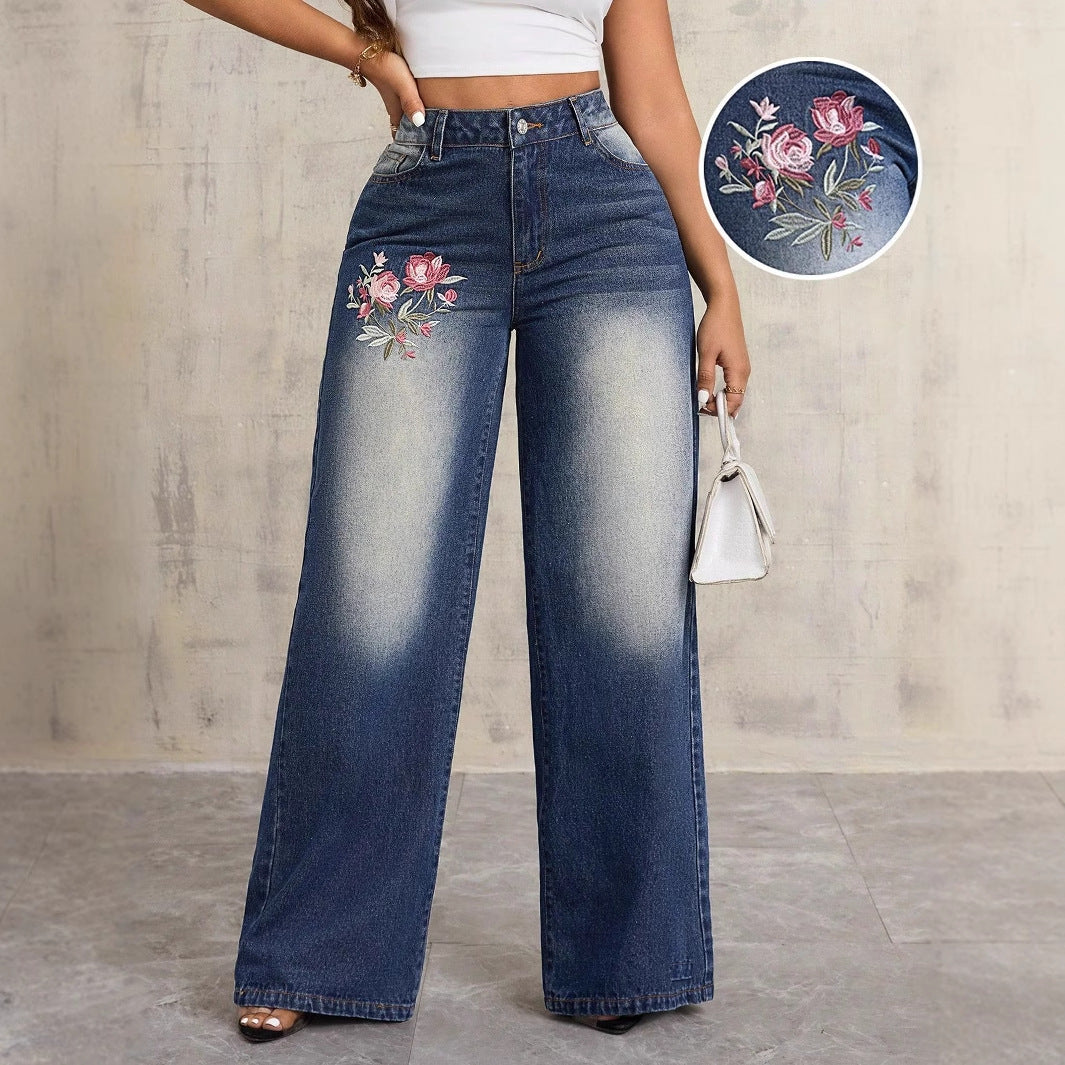 Damen Weite Jeans Blumenstickerei Norvielle - Norvielle