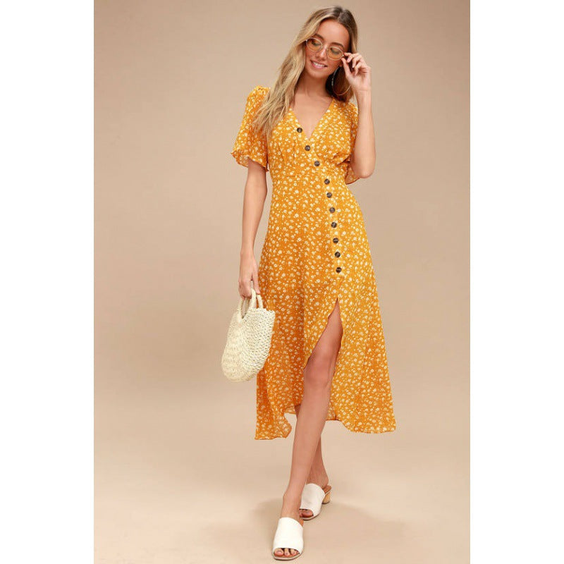 Damen Maxikleid Florales Design Knopfverschluss Norvielle