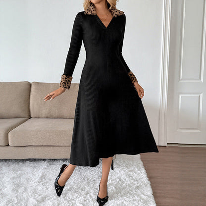 Damen Maxikleid Tierprint Kragen Tailliert Schwarz - Norvielle