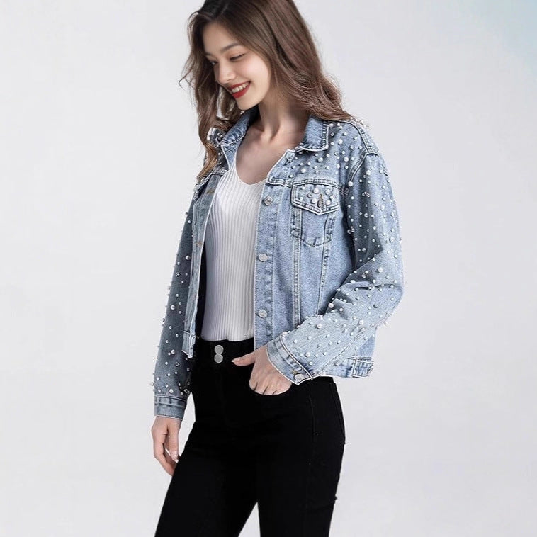 Damen Denimjacke Perlenverzierungen