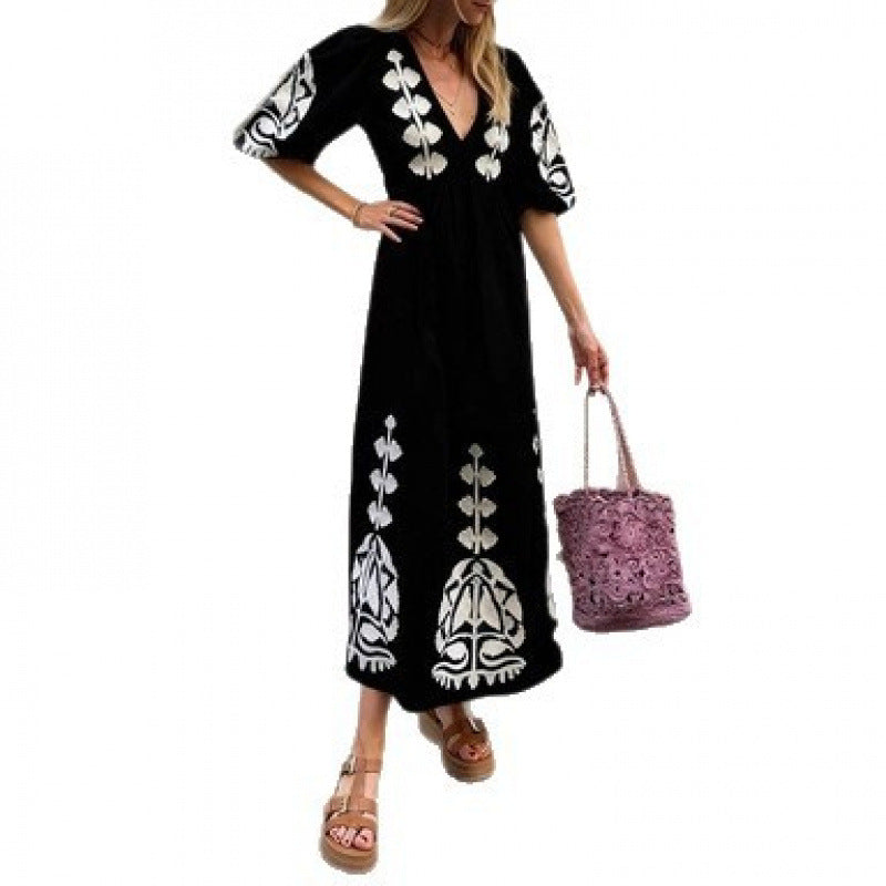 Damen Midikleid Luftige Puffärmel Florales Stickdesign