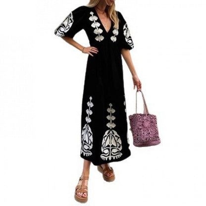 Damen Midikleid Luftige Puffärmel Florales Stickdesign