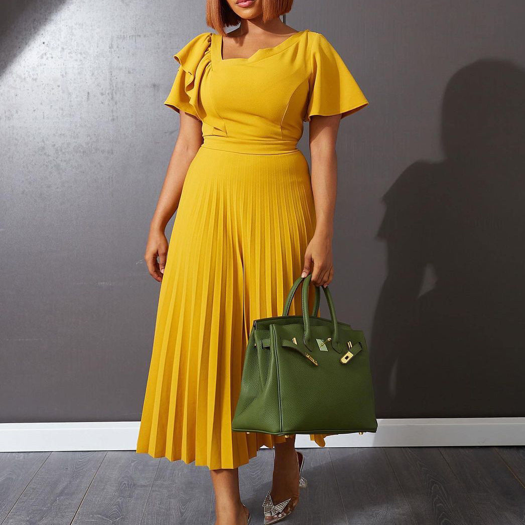 Damen Plisseekleid V-Ausschnitt Rüschen