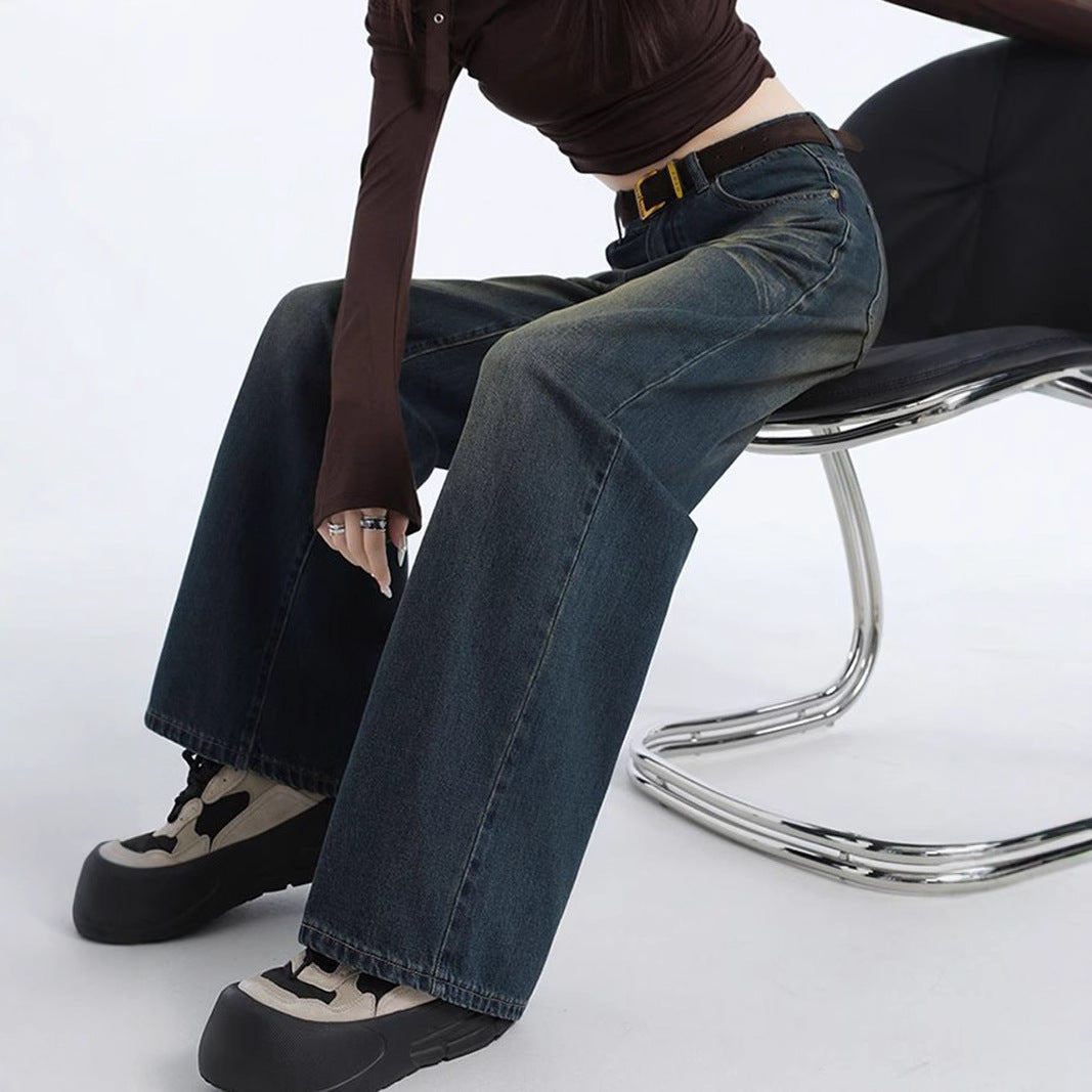 Damen Weite Jeans Hochbund Modische Waschung