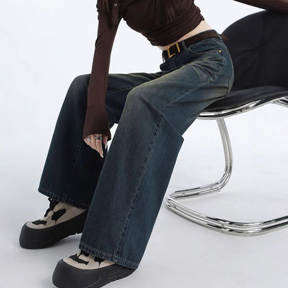 Damen Weite Jeans Hochbund Modische Waschung