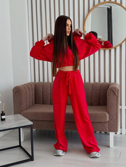 Damen Velours Freizeitanzug Cropped Oberteil Weites Bein