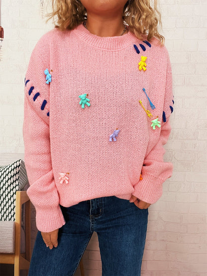 Damen Pullover Bunt Applikationen Weitschnitt