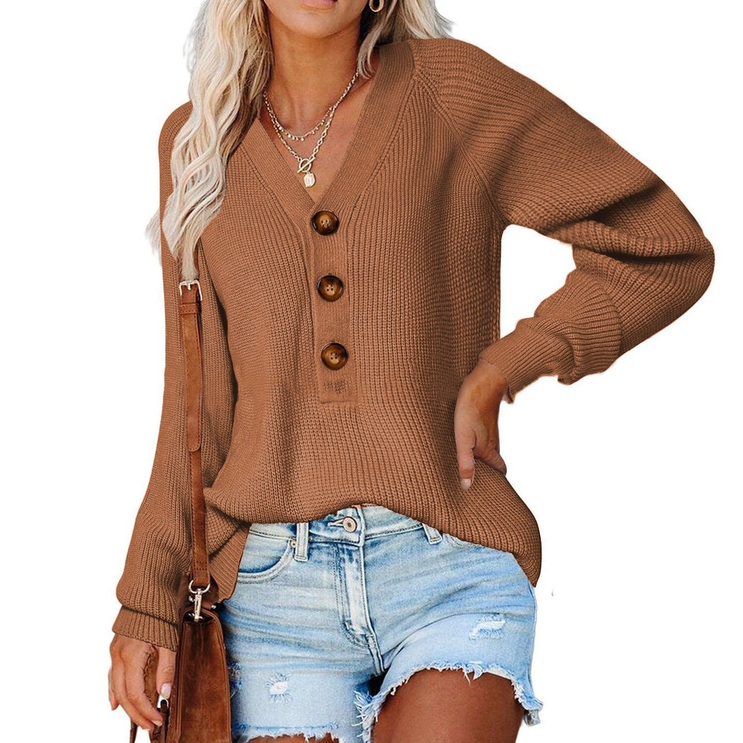 Damen Pullover V-Ausschnitt Holzknöpfe Norvielle