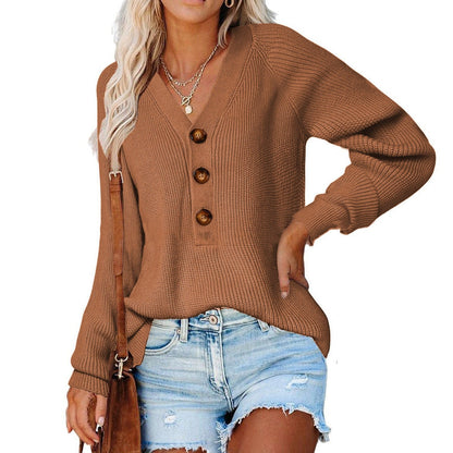 Damen Pullover V-Ausschnitt Holzknöpfe Norvielle