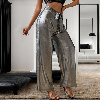 Damen Palazzo-Hose Hochtaillen Glänzend mit Bindegürtel