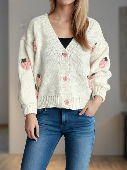 Damen Strickjacke Erdbeermotiv Große Knöpfe