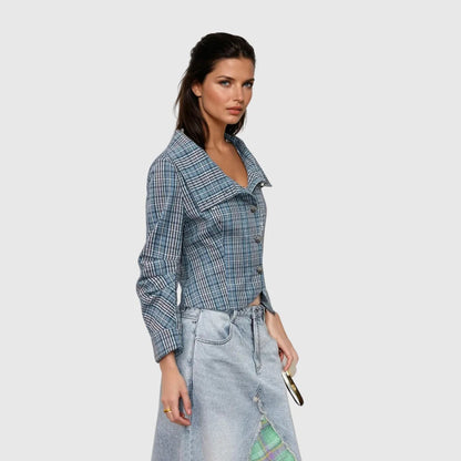 Damen Kurzjacke Kariert Knöpfe Norvielle - Norvielle
