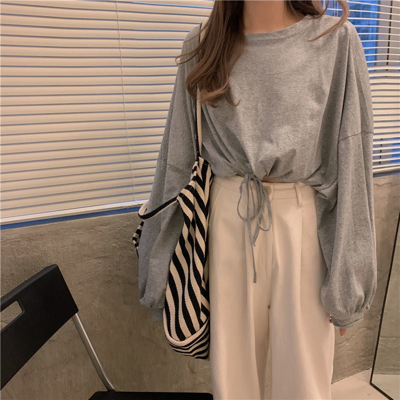 Damen Cropped Sweatshirt Oversized Ärmel Kordelzug Grau - Norvielle