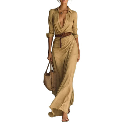 Damen Maxikleid Klassischer Hemdkragen Seiten-Schärpe Norvielle