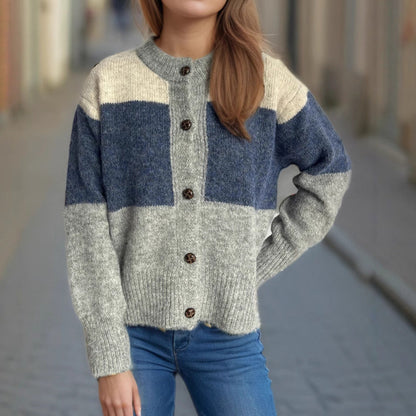 Damen Strickjacke Kuschelig Farbblockdesign Dekorative Knöpfe