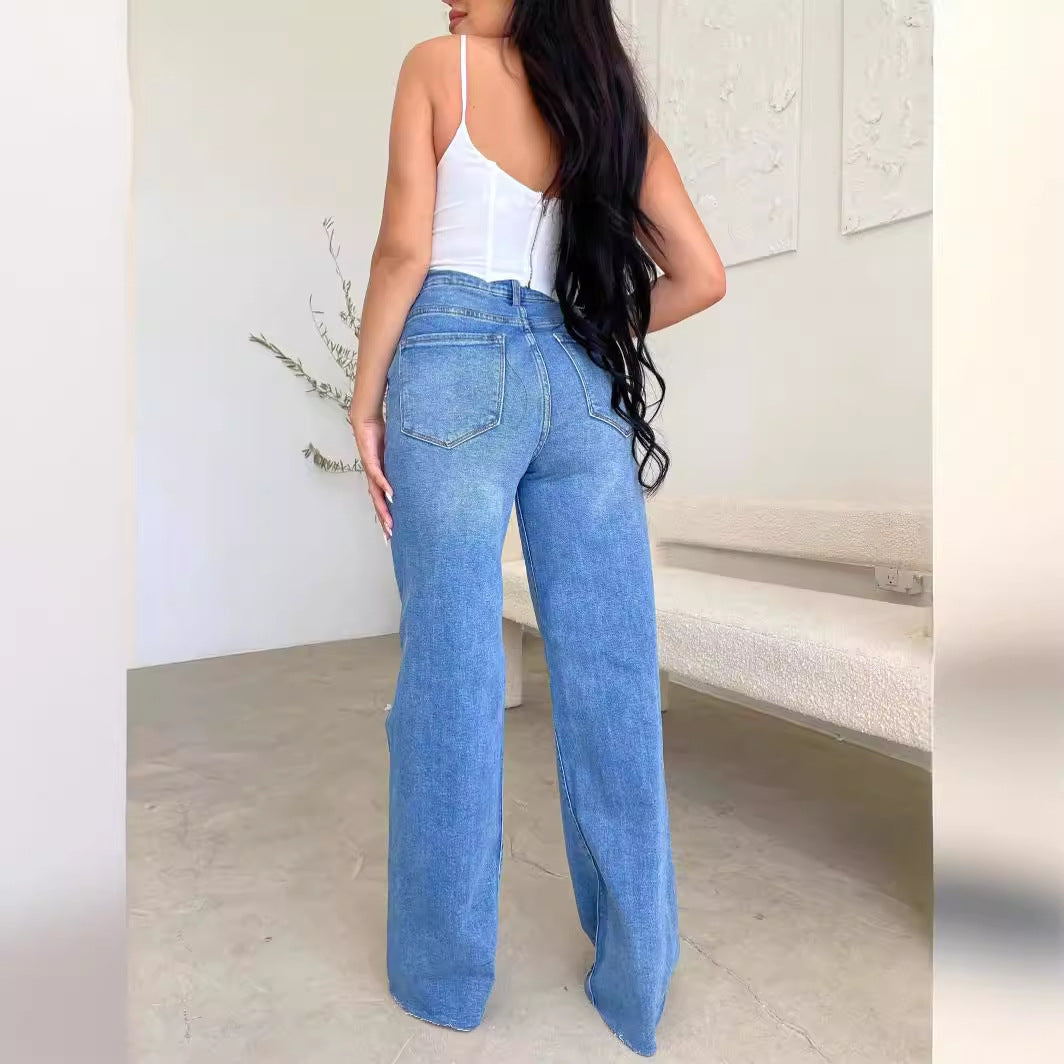 Damen Vintage Weite Jeans Destroyed-Style Hochwerder Bund