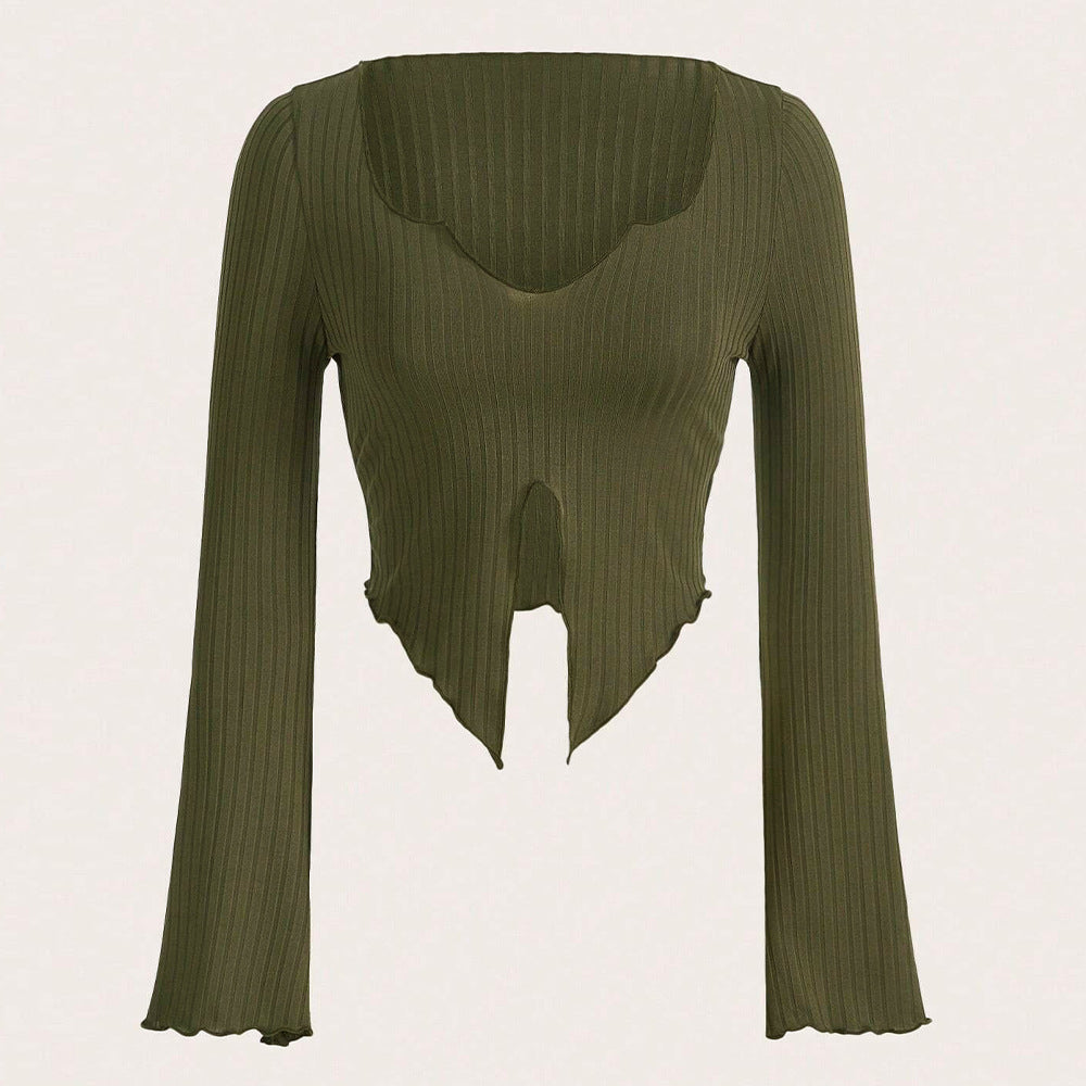 Damen Langarmshirt Asymmetrischer Saum Rüschen Details Norvielle - Norvielle