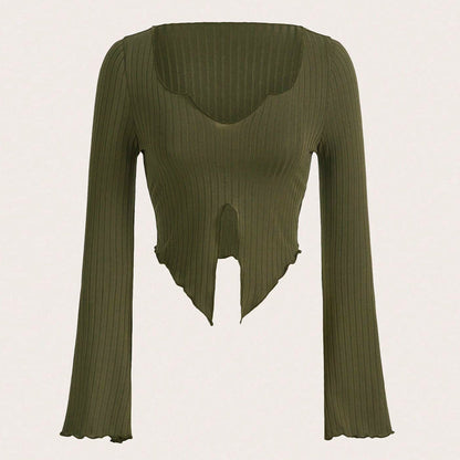 Damen Langarmshirt Asymmetrischer Saum Rüschen Details Norvielle - Norvielle