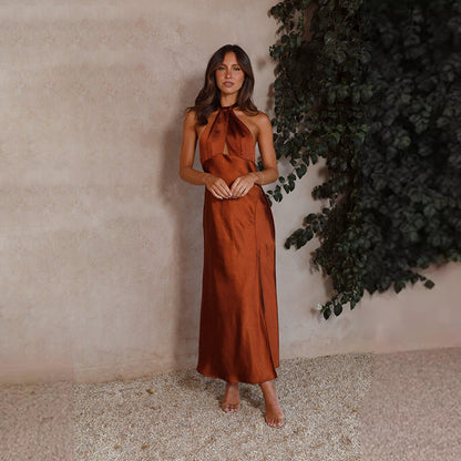 Damen Maxikleid Halterneck Seidenstoff Schimmernd