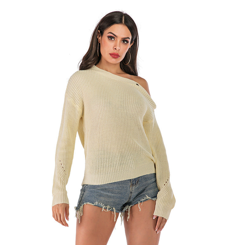 Damen Off-Shoulder Strickpullover Lässig Mit Knöpfen Beige - Norvielle