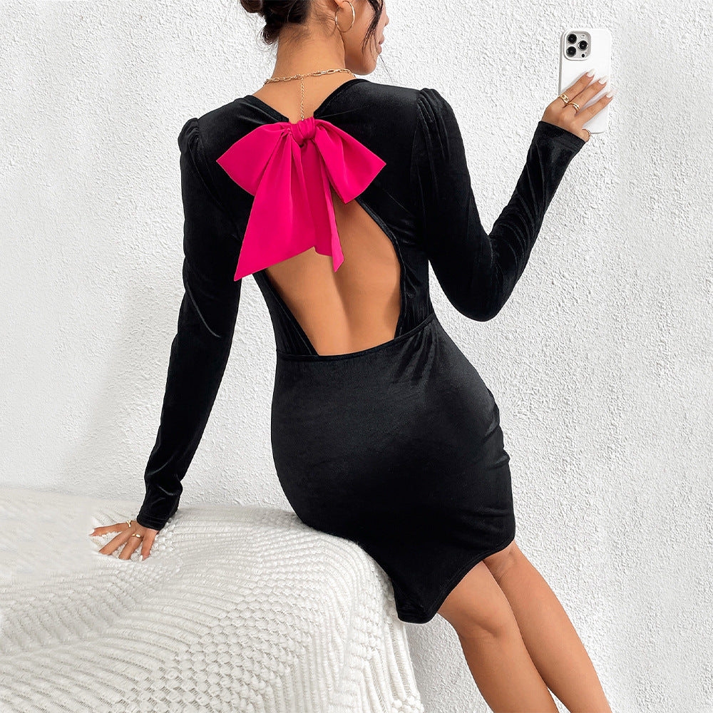 Damen Samt Minikleid V-Ausschnitt Puffärmel