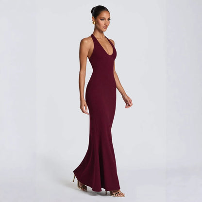 Damen Elegantes Bodenkleid V-Ausschnitt Figurbetonter Stoff