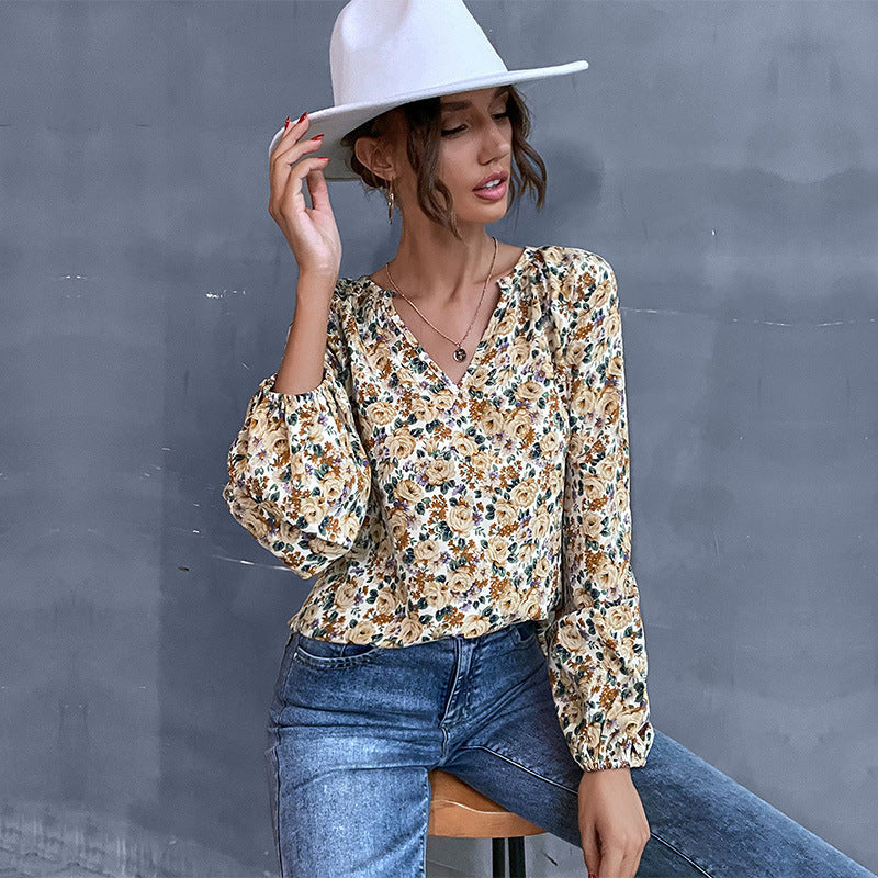 Damen Bluse Floralmuster Geraffte Ärmel Norvielle